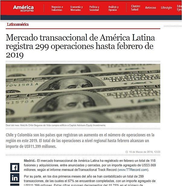 Mercado transaccional de Amrica Latina registra 299 operaciones hasta febrero de 2019